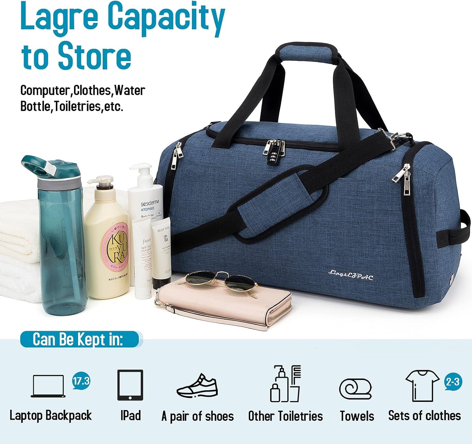 Small Gym Bag for Women, Travel Duffle Bags Anti-Theft Weekender Bag Lightweight Overnight Bag with Shoes Compartment & Wet Pocket(Blue)