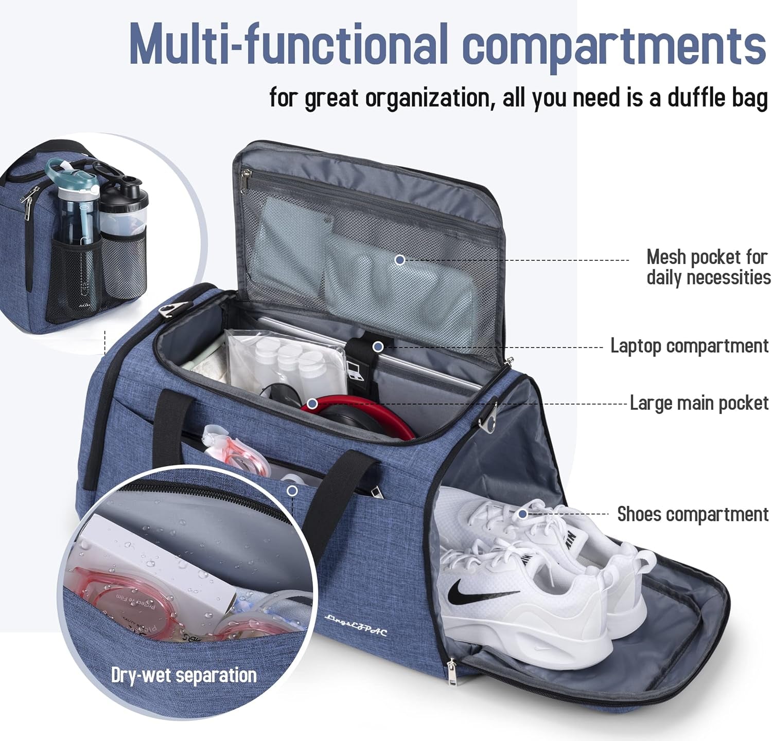 Small Gym Bag for Women, Travel Duffle Bags Anti-Theft Weekender Bag Lightweight Overnight Bag with Shoes Compartment & Wet Pocket(Blue)