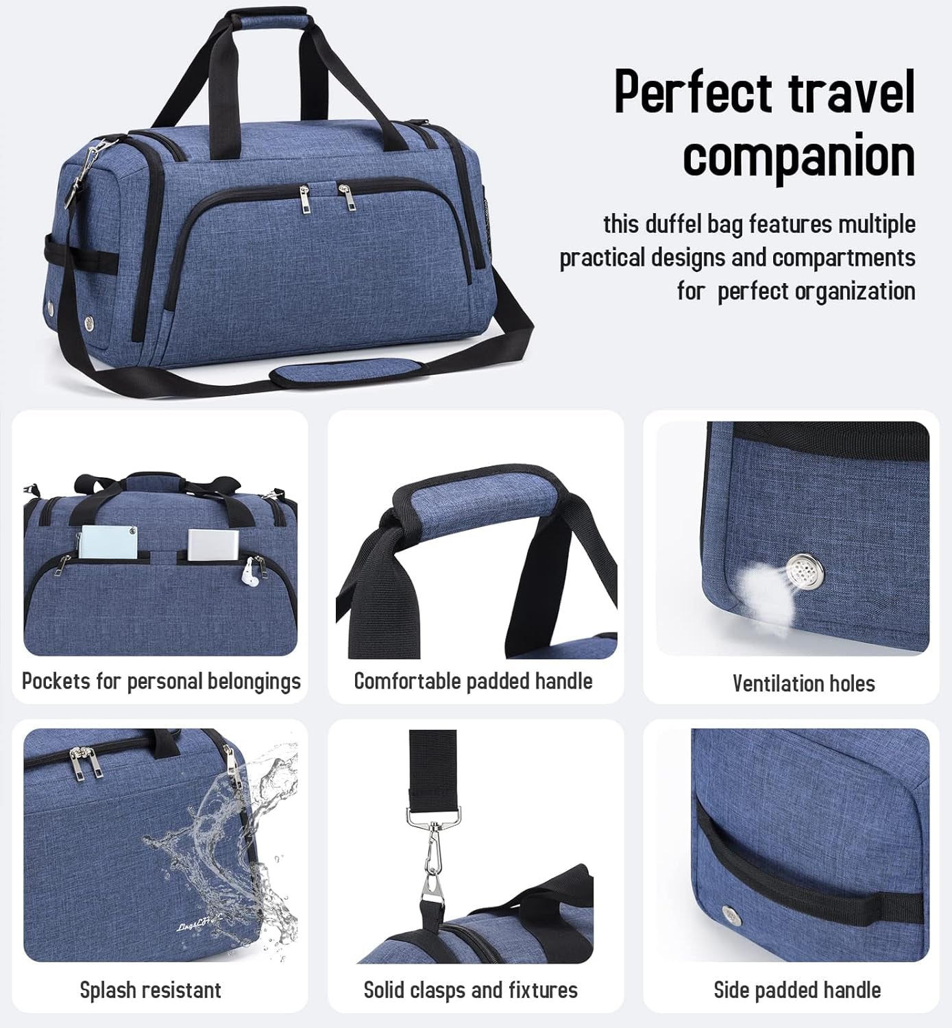 Small Gym Bag for Women, Travel Duffle Bags Anti-Theft Weekender Bag Lightweight Overnight Bag with Shoes Compartment & Wet Pocket(Blue)