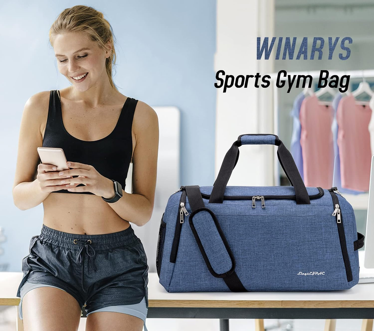 Small Gym Bag for Women, Travel Duffle Bags Anti-Theft Weekender Bag Lightweight Overnight Bag with Shoes Compartment & Wet Pocket(Blue)